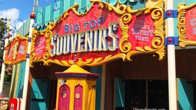 Big Top Souvenirs sign welcomes guests with vibrant circus flair and playful decor, inviting shoppers at Magic Kingdom.