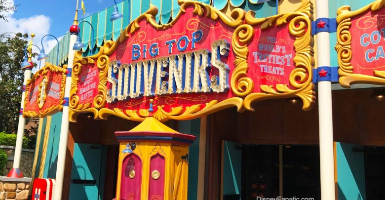 Big Top Souvenirs sign welcomes guests with vibrant circus flair and playful decor, inviting shoppers at Magic Kingdom.