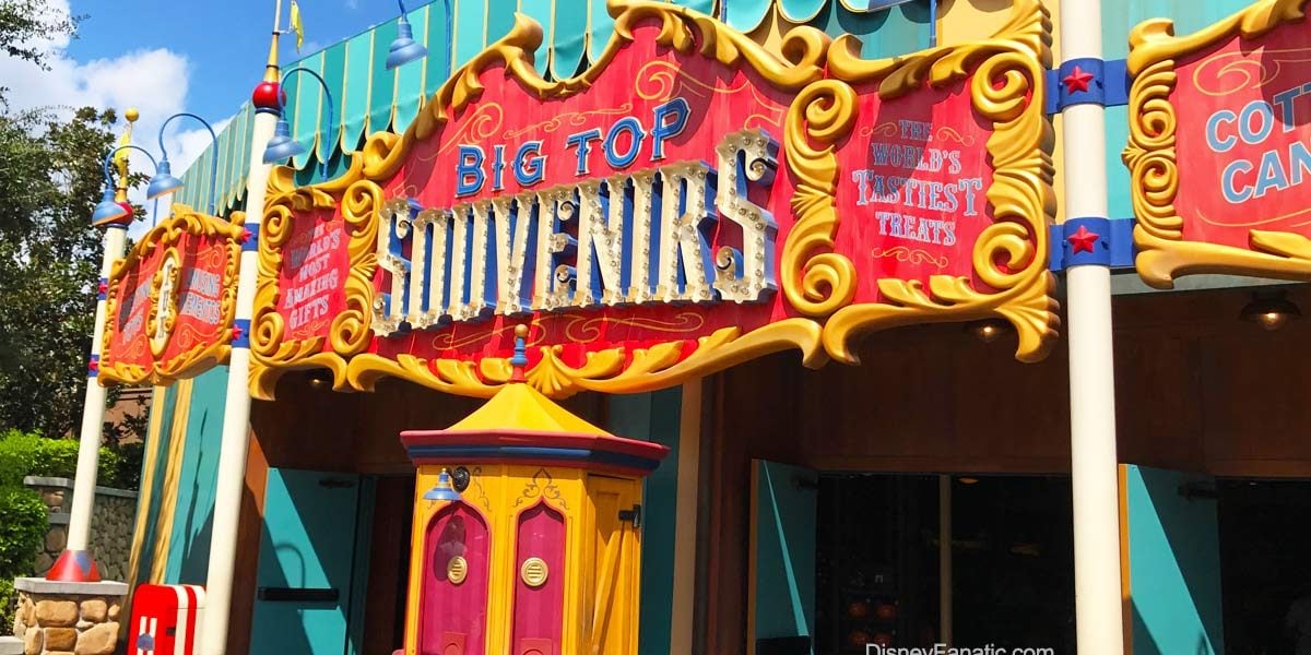 Big Top Souvenirs sign welcomes guests with vibrant circus flair and playful decor, inviting shoppers at Magic Kingdom.
