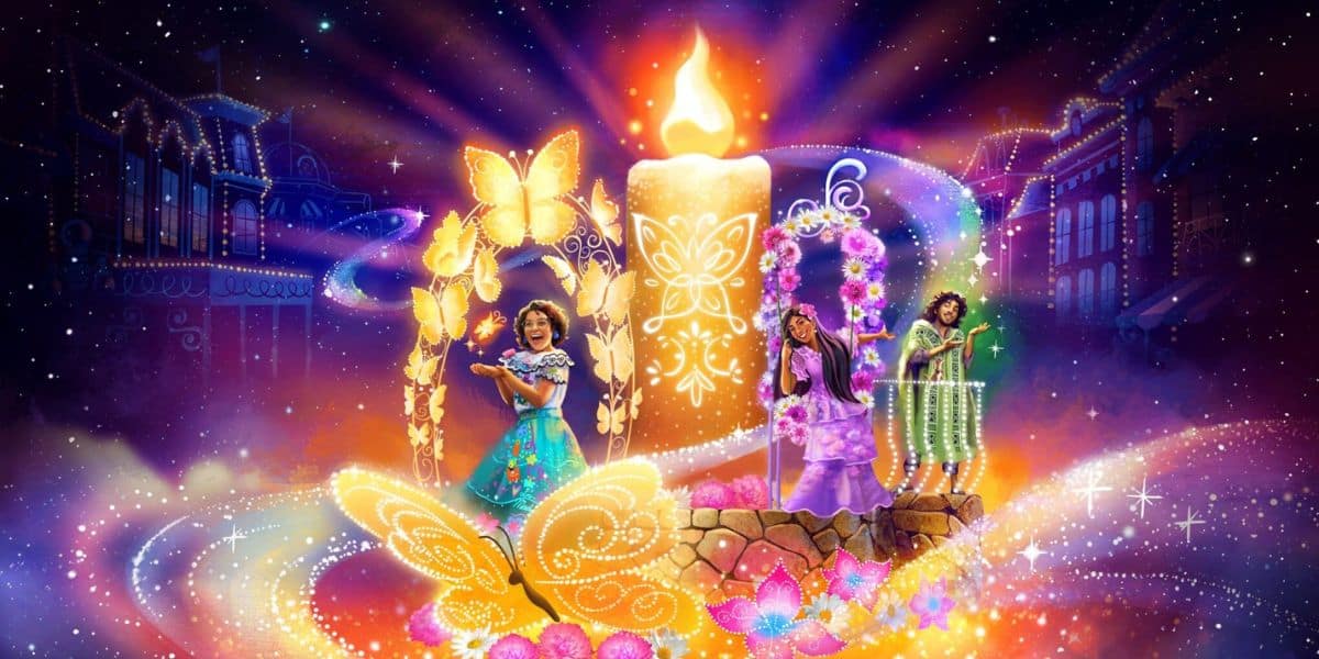 A whimsical scene unfolds with three women surrounded by glowing butterflies and magical elements. A large candle emits bright, colorful light, evoking the New Attractions at Walt Disney World 2025. In the background, a starry night and vibrant, ethereal buildings complete the enchanting tableau.