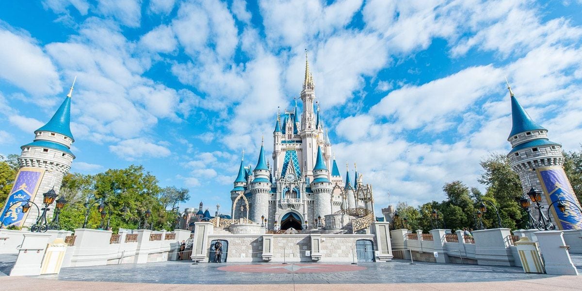 Cinderella Castle at a Disney theme park, photographed from the front under a blue sky with scattered clouds. The castle features tall spires and ornate towers, with trees and lamp posts on either side.