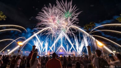 A crowd watches colorful fireworks and light streams fill the night sky above EPCOT's waterfront, surrounded by palm trees and glowing street lamps.