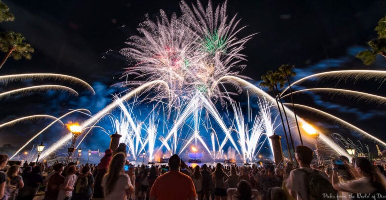 A crowd watches colorful fireworks and light streams fill the night sky above EPCOT's waterfront, surrounded by palm trees and glowing street lamps.