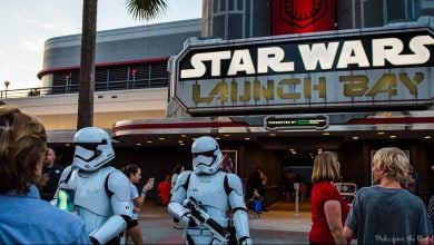 Star Wars Launch Bay entrance at Walt Disney World with stormtroopers greeting fans—just some of the characters you can meet.