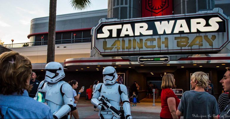 Star Wars Launch Bay entrance at Walt Disney World with stormtroopers greeting fans—just some of the characters you can meet.