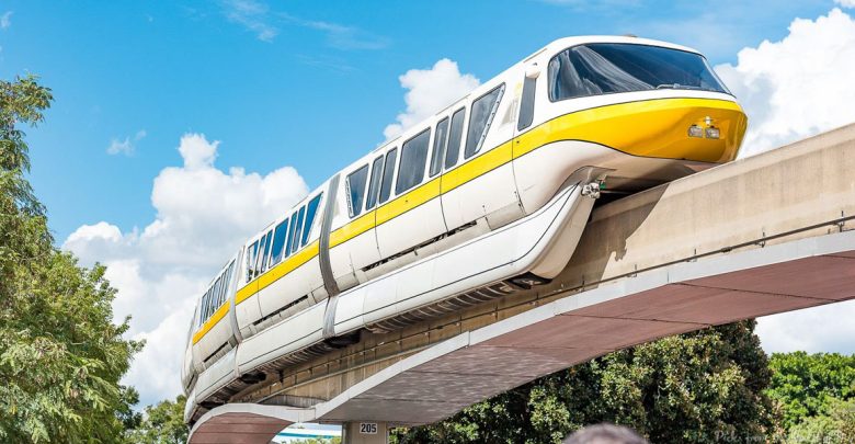 The iconic yellow and white Disney monorail glides above lush trees, set against a bright blue sky at Walt Disney World.