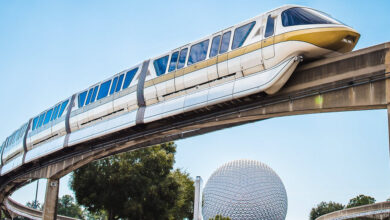 The iconic Walt Disney World Monorail glides along its track past Spaceship Earth and lush greenery under a bright, sunny sky.