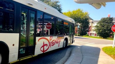 A Disney resort bus passes a stop sign and iconic resort buildings under sunny skies, setting the mood for magical trip planning.