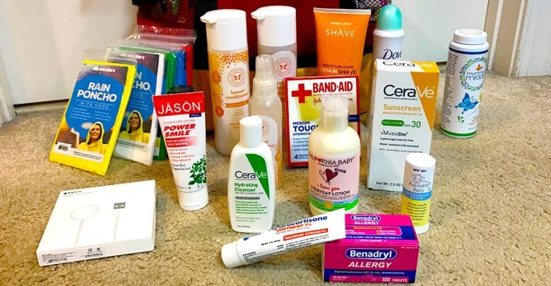 Various health and hygiene products—including sunscreen, allergy medicine, lotions, rain ponchos, and more—are neatly arranged on a beige carpeted floor, ready for Disney World vacation planning.