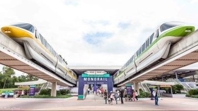 Monorail trains glide above crowds at the Magic Kingdom Monorail station, capturing that iconic Walt Disney World experience.