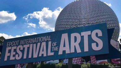 EPCOT International Festival of the Arts sign with iconic Spaceship Earth as the backdrop at Walt Disney World.