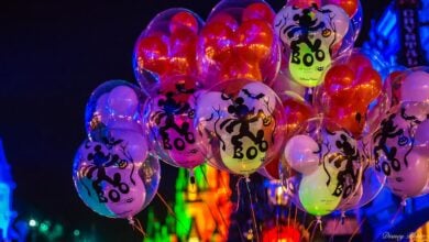 Glowing "BOO" Halloween balloons featuring Mickey Mouse light up festive fall nights at Walt Disney World.