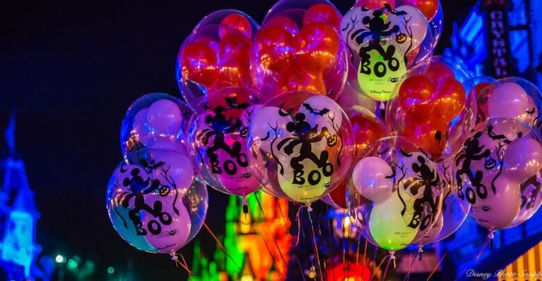 Glowing "BOO" Halloween balloons featuring Mickey Mouse light up festive fall nights at Walt Disney World.