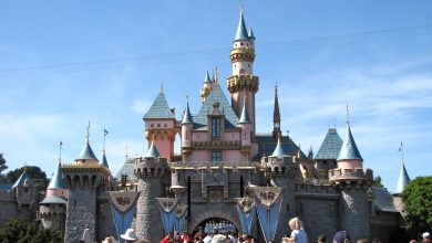 A view of a fairytale castle with blue and pink spires under a clear blue sky. Many people are gathered in front, taking photos and enjoying the scene. The castle is surrounded by trees and decorative flags.
