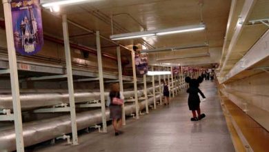 Mickey Mouse strolls through a quiet, banner-lined tunnel with shelves, creating backstage magic at Disney World.