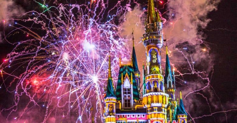 Fireworks light up the night sky over Cinderella Castle at Magic Kingdom, creating a dazzling, storybook finale for guests.
