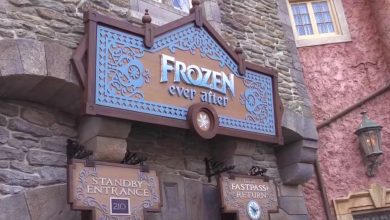 Frozen Ever After ride entrance sign at EPCOT, set against a backdrop of themed stone walls in the Norway Pavilion.