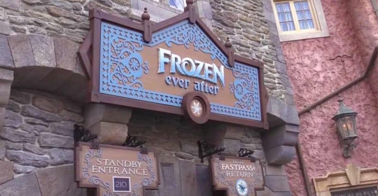 Frozen Ever After ride entrance sign at EPCOT, set against a backdrop of themed stone walls in the Norway Pavilion.