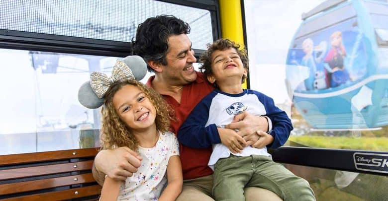 A smiling man sits on a gondola bench with two happy young children, one wearing Minnie Mouse ears. Outside the window, Disney-themed gondola cabins offer a glimpse of how to get around Disney World in style.