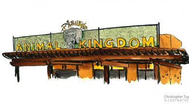 Disney’s Animal Kingdom entrance sign featuring an elephant and iconic animal silhouettes welcoming guests to the adventure.