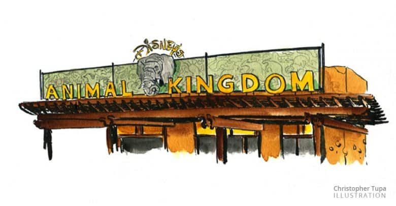 Disney’s Animal Kingdom entrance sign featuring an elephant and iconic animal silhouettes welcoming guests to the adventure.