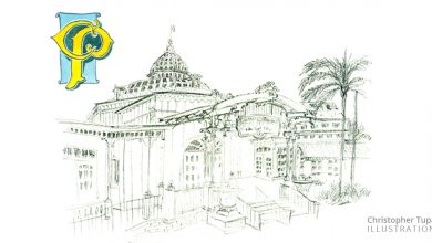 Illustration of the iconic Palace Theater with its domed roof, palm trees, and signature “P” logo in the corner.