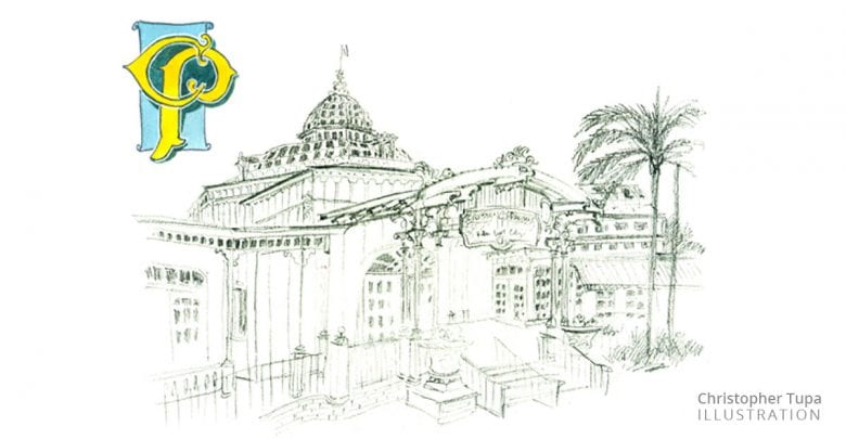 Illustration of the iconic Palace Theater with its domed roof, palm trees, and signature “P” logo in the corner.