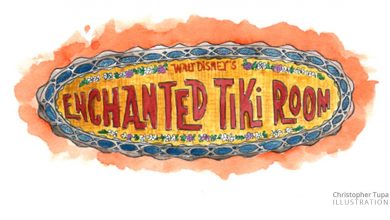 Vibrant "Walt Disney’s Enchanted Tiki Room" sign with tropical accents and an orange watercolor backdrop at Disneyland.