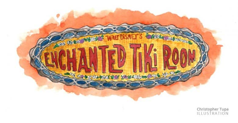 Vibrant "Walt Disney’s Enchanted Tiki Room" sign with tropical accents and an orange watercolor backdrop at Disneyland.