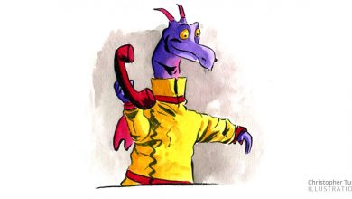 Figment sports his bright yellow jacket and chats into a red phone, ready to deliver the latest Walt Disney World news.