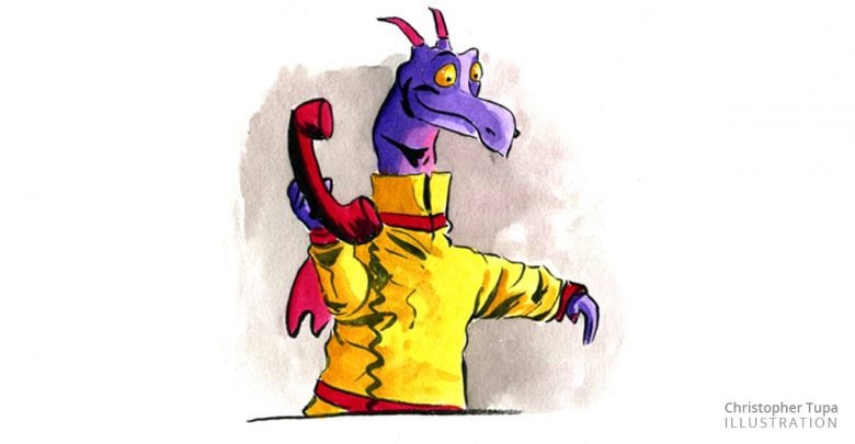 Figment sports his bright yellow jacket and chats into a red phone, ready to deliver the latest Walt Disney World news.