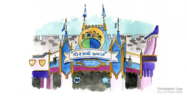 Illustration of the entrance to the "it's a small world" attraction at a theme park. The design features whimsical, colorful architecture with a banner overhead and a round depiction of children from different cultures. Turrets and flags adorn the structure.