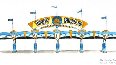 Magic Kingdom entrance gate decked with flags, greeting guests with a “Welcome” sign above the iconic Disney toll booths.