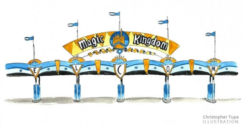 Magic Kingdom entrance gate decked with flags, greeting guests with a “Welcome” sign above the iconic Disney toll booths.