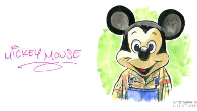 Whimsical watercolor of Mickey Mouse beaming in overalls, with "Mickey Mouse" in playful pink letters—pure Disney magic.