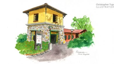 Watercolor artwork of Disney's Pizzafari restaurant, featuring its signature rustic stone and yellow exterior amid lush foliage.