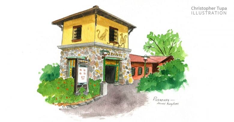 Watercolor artwork of Disney's Pizzafari restaurant, featuring its signature rustic stone and yellow exterior amid lush foliage.