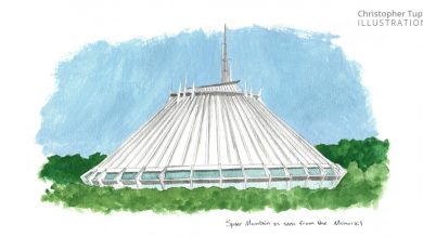 Watercolor of Space Mountain at Disney’s Magic Kingdom, its iconic white spires rising above lush landscaped gardens.