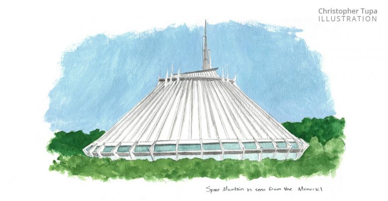 Watercolor of Space Mountain at Disney’s Magic Kingdom, its iconic white spires rising above lush landscaped gardens.