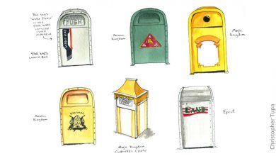 Disney park trash cans, each styled with distinct colors and artwork representing iconic lands across Disneyland and Disney World.