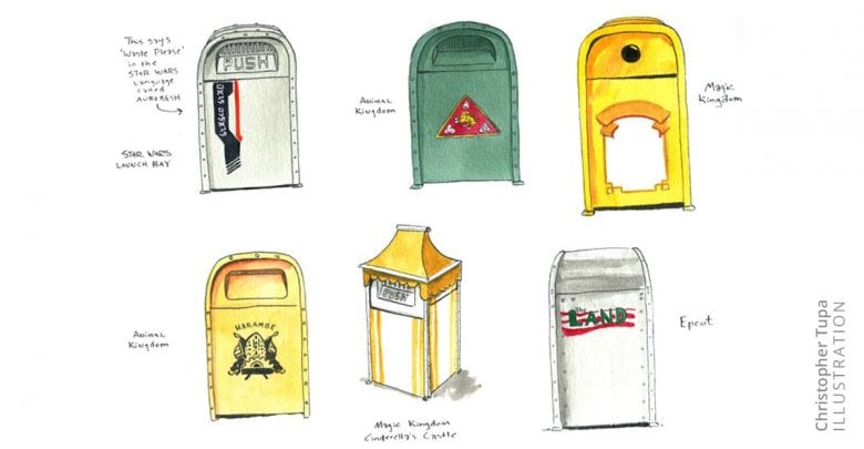 Disney park trash cans, each styled with distinct colors and artwork representing iconic lands across Disneyland and Disney World.