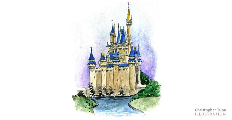 Storybook castle with blue rooftops, nestled by water and lush gardens, evoking the magic of a beloved theme park icon.