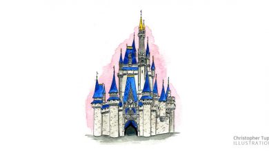 Storybook-style castle with vibrant blue spires under a whimsical pink sky, evoking a magical theme park entrance.