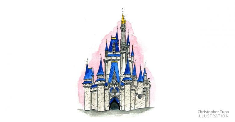 Storybook-style castle with vibrant blue spires under a whimsical pink sky, evoking a magical theme park entrance.