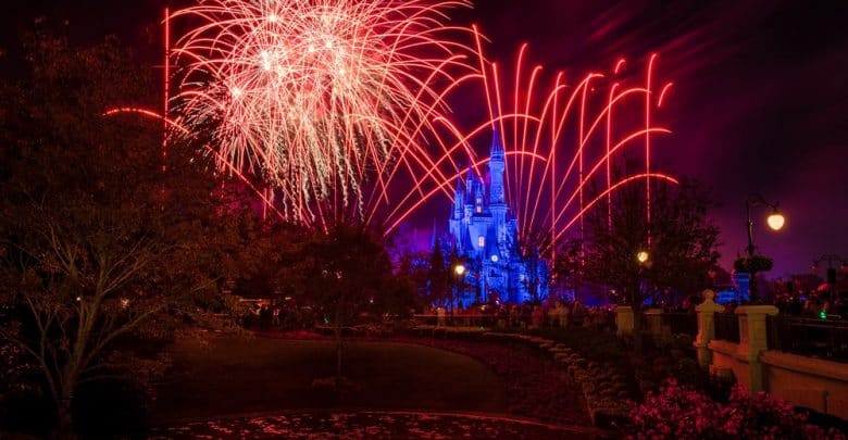 Red fireworks burst above Cinderella Castle at Magic Kingdom, their glow reflecting in the pond amid the surrounding trees.