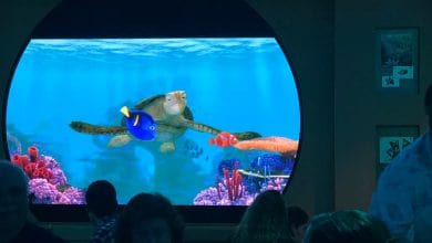 Crush and friends from Finding Nemo swim across the massive Turtle Talk with Crush screen as guests watch in the audience.