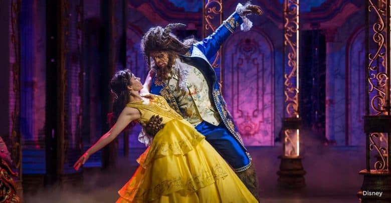 Belle twirls in her signature yellow ballgown with the Beast in a lavishly decorated ballroom, evoking Disney Parks magic.