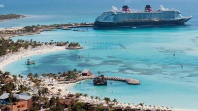 Cruise ship arriving at a tropical island vacation destination.