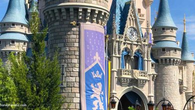 Iconic Cinderella Castle at Walt Disney World, featuring blue turrets and a lavender banner against the vibrant park atmosphere.