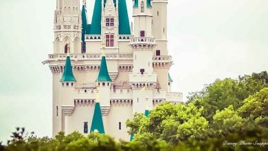 The iconic teal-spired castle towers over lush greenery at Disneyland, set against a dramatic cloudy sky.